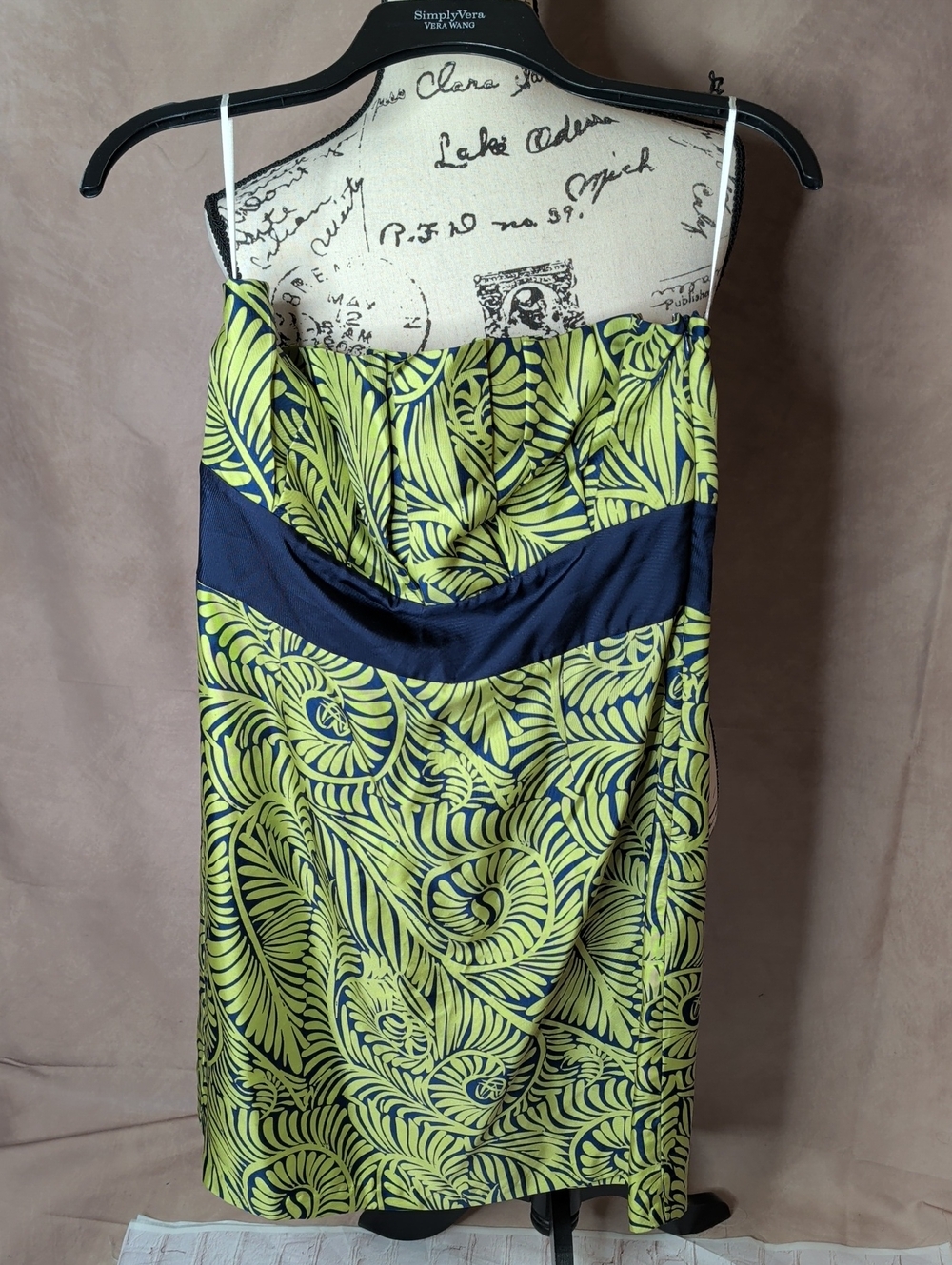 CK Bradley New York Silk Strapless Lime and Navy Mini Dress Size 8